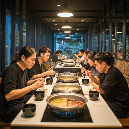 Busy restaurant with people eating hot pot