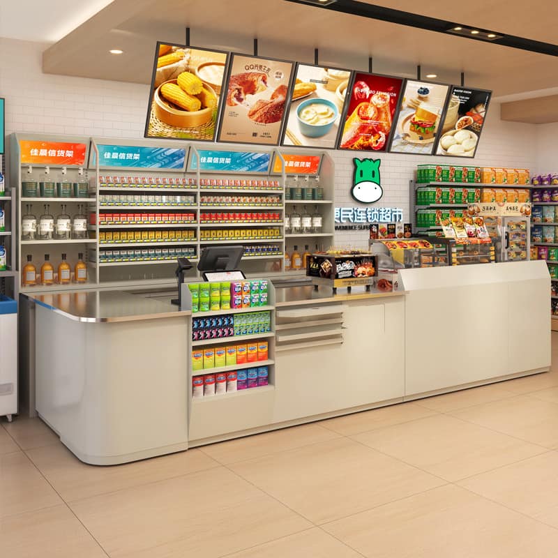 Well-organized convenience store aisles with snacks