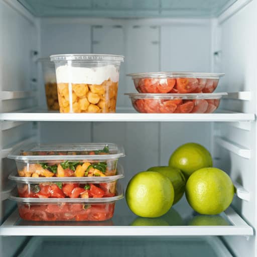 Prepared packaged food displayed in refrigerator